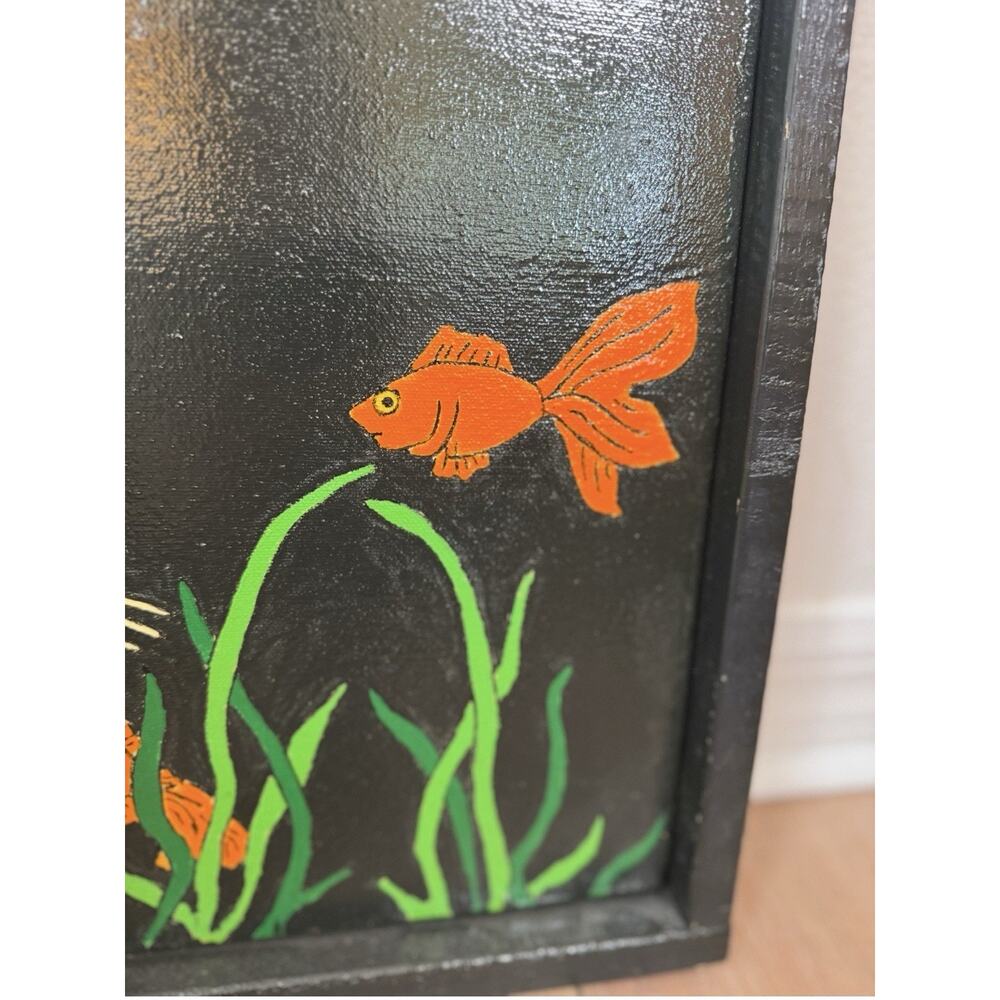 Folk Art Painted Canvas Black Cat Fishbowl Goldfish Scene Kitschy Whimsical - Picture 5 of 10